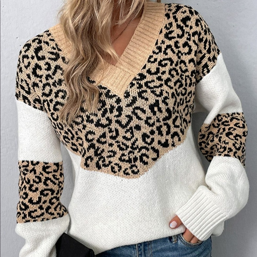 Leopard Color Block V-Neck Ribbed Trim Sweater